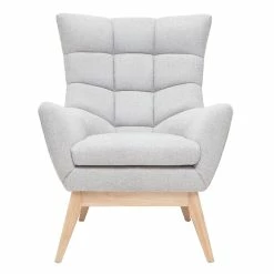 Fauteuil Scandinave En Tissu Effet Velours Texturé Gris Clair Et Bois Clair BRODY