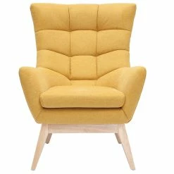 Fauteuil Scandinave En Tissu Effet Velours Texturé Jaune Moutarde Et Bois Clair BRODY
