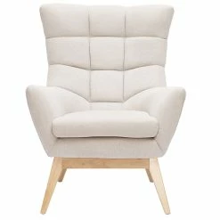 Fauteuil Scandinave En Tissu Effet Velours Texturé Naturel Et Bois Clair BRODY