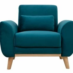 Fauteuil Scandinave En Tissu Velours Bleu Pétrole Et Bois Clair EKTOR
