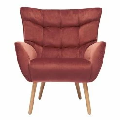 Fauteuil Scandinave En Tissu Velours Rouge Tomette Et Bois Clair AVERY