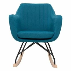 Rocking Chair Scandinave En Tissu Bleu Canard, Métal Noir Et Bois Clair ALEYNA