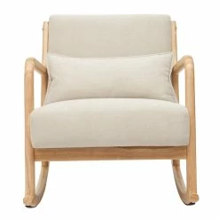 Rocking Chair Scandinave En Tissu Effet Velours Beige Et Bois Clair DERRY