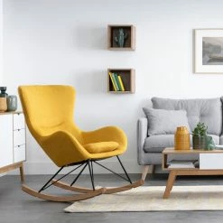 Rocking Chair Scandinave En Tissu Effet Velours Jaune Moutarde, Métal Noir Et Bois Clair ESKUA -Canapé Soldes rocking chair scandinave en tissu effet velours jaune moutarde metal noir et bois clair eskua 46899 5e342f4750eb2 1200 675