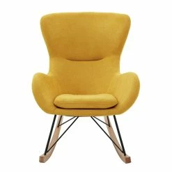 Rocking Chair Scandinave En Tissu Effet Velours Jaune Moutarde, Métal Noir Et Bois Clair ESKUA