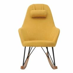 Rocking Chair Scandinave En Tissu Effet Velours Jaune Moutarde, Métal Noir Et Bois Clair JHENE