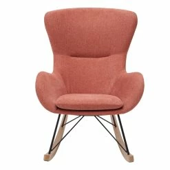 Rocking Chair Scandinave En Tissu Effet Velours Texturé Terracotta, Métal Noir Et Bois Clair ESKUA