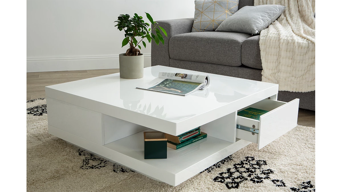 Table Basse Carrée Avec Rangements 2 Tiroirs Design Blanc Laquée L85 Cm KARY 8 Table Basse Carrée Avec Rangements 2 Tiroirs Design Blanc Laquée L85 Cm KARY – Image 6