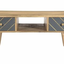 Table Basse Rectangulaire Avec Rangements 2 Tiroirs Bois Clair Manguier Massif, Gris Foncé Et Métal Doré L100 Cm WALTER