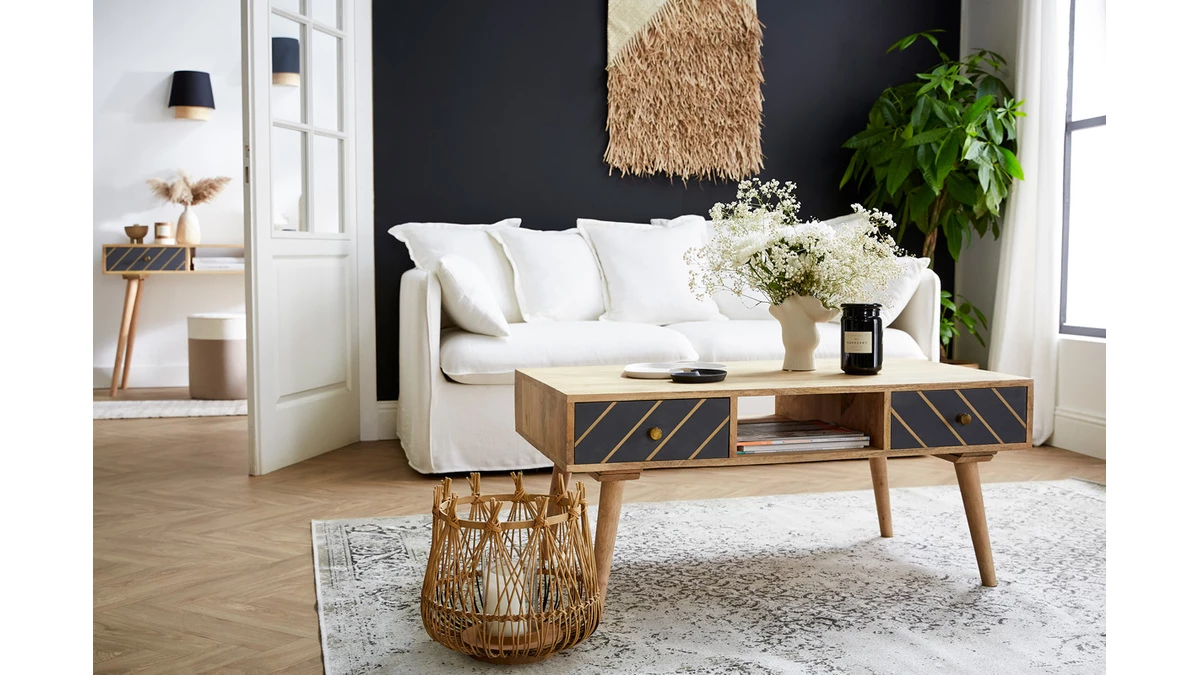 Table Basse Rectangulaire Avec Rangements 2 Tiroirs Bois Clair Manguier Massif, Gris Foncé Et Métal Doré L100 Cm WALTER 9 Table Basse Rectangulaire Avec Rangements 2 Tiroirs Bois Clair Manguier Massif, Gris Foncé Et Métal Doré L100 Cm WALTER – Image 7