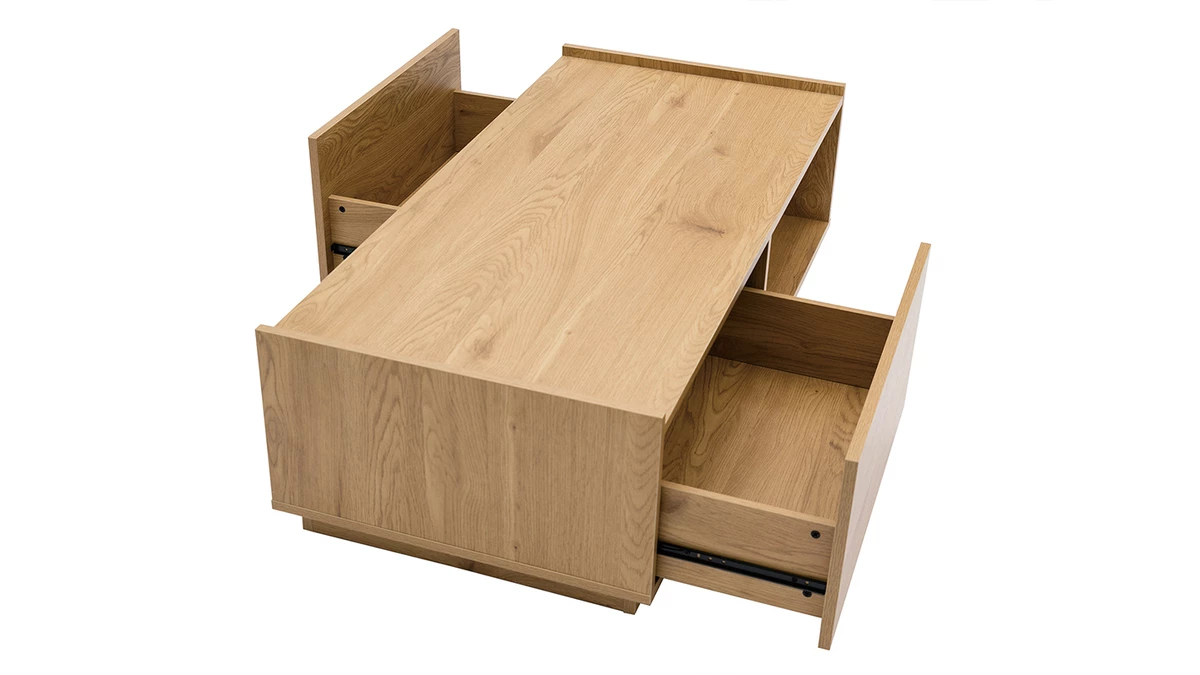 Table Basse Rectangulaire Avec Rangements 2 Tiroirs Finition Bois Clair Chêne L120 Cm MADERO 6 Table Basse Rectangulaire Avec Rangements 2 Tiroirs Finition Bois Clair Chêne L120 Cm MADERO – Image 4
