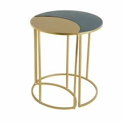 Table D'appoint En Métal Laqué Bleu Pétrole Et Doré TOSCANE