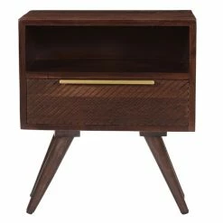 Table De Chevet Avec Tiroir Gravé En Bois Foncé Manguier Massif L42 Cm REKHA