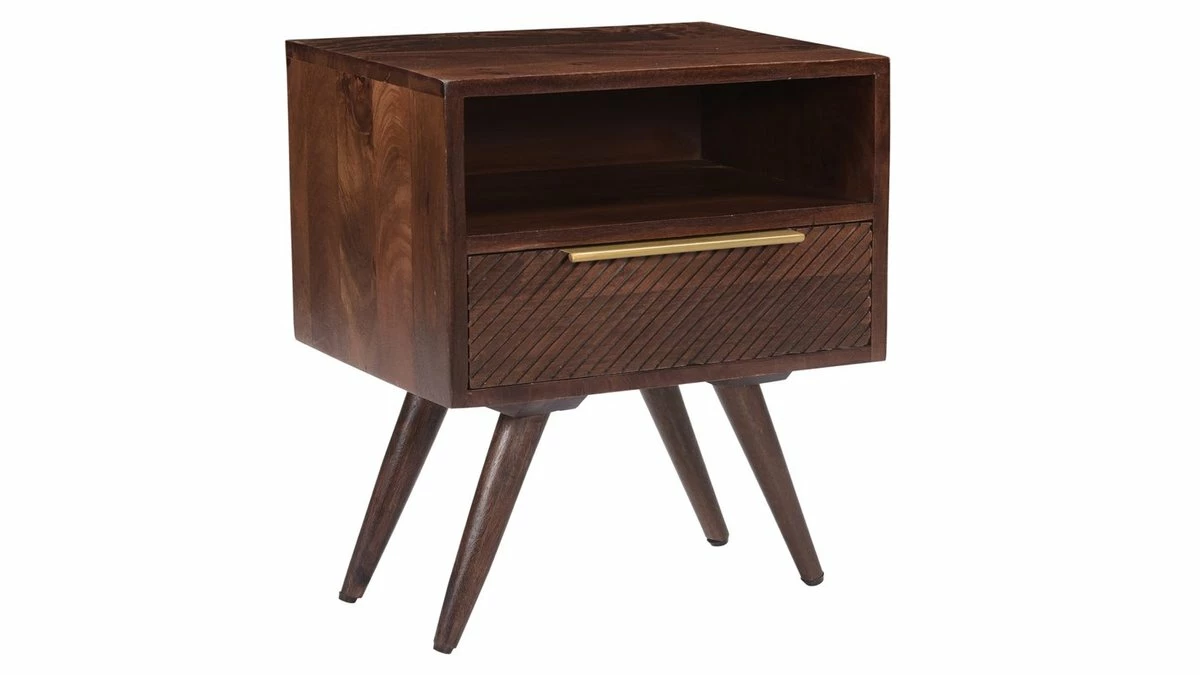 Table De Chevet Avec Tiroir Gravé En Bois Foncé Manguier Massif L42 Cm REKHA 4 Table De Chevet Avec Tiroir Gravé En Bois Foncé Manguier Massif L42 Cm REKHA – Image 2
