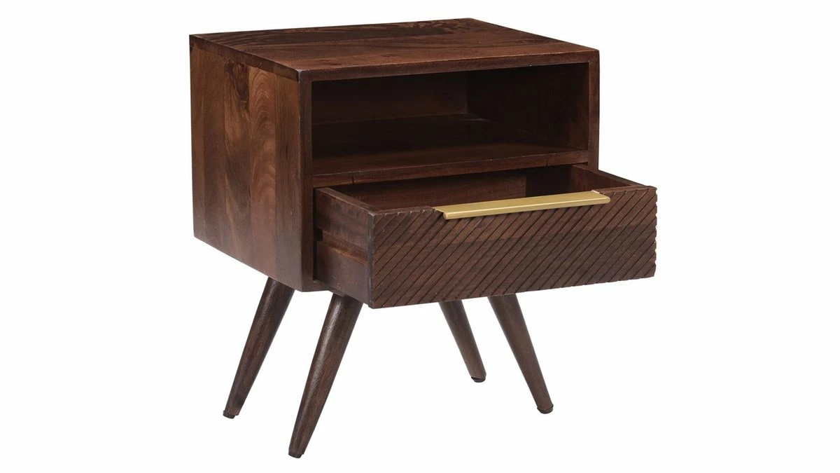 Table De Chevet Avec Tiroir Gravé En Bois Foncé Manguier Massif L42 Cm REKHA 5 Table De Chevet Avec Tiroir Gravé En Bois Foncé Manguier Massif L42 Cm REKHA – Image 3