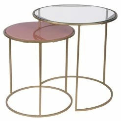 Tables D'appoint Gigognes En Verre Teinté Rose Et Métal Doré (lot De 2) JANE