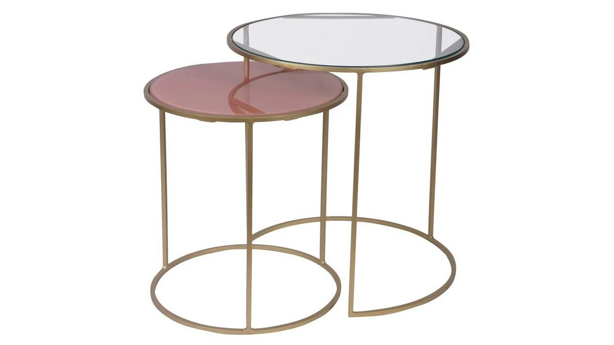 Tables D'appoint Gigognes En Verre Teinté Rose Et Métal Doré (lot De 2) JANE 3 Tables D'appoint Gigognes En Verre Teinté Rose Et Métal Doré (lot De 2) JANE