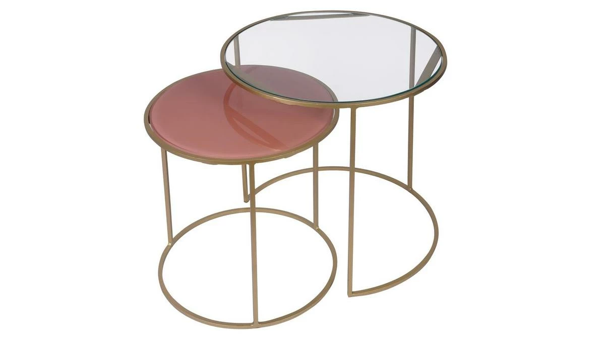 Tables D'appoint Gigognes En Verre Teinté Rose Et Métal Doré (lot De 2) JANE 5 Tables D'appoint Gigognes En Verre Teinté Rose Et Métal Doré (lot De 2) JANE – Image 3