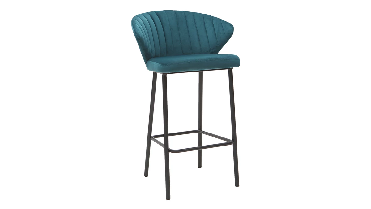 Tabouret De Bar Design En Tissu Velours Gaufré Bleu Pétrole Et Métal Noir H68 Cm DALLY 4 Tabouret De Bar Design En Tissu Velours Gaufré Bleu Pétrole Et Métal Noir H68 Cm DALLY – Image 2