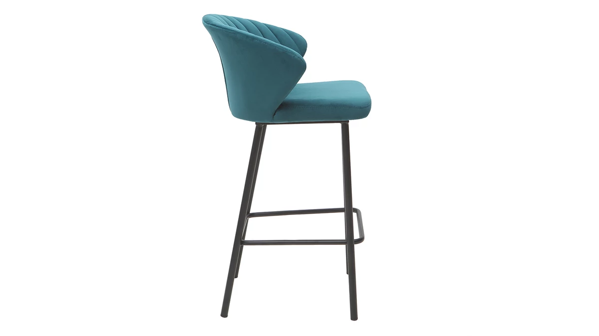 Tabouret De Bar Design En Tissu Velours Gaufré Bleu Pétrole Et Métal Noir H68 Cm DALLY 5 Tabouret De Bar Design En Tissu Velours Gaufré Bleu Pétrole Et Métal Noir H68 Cm DALLY – Image 3
