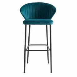 Tabouret De Bar Design En Tissu Velours Gaufré Bleu Pétrole H78 Cm DALLY