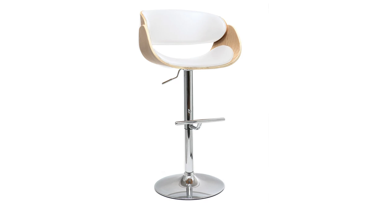 Tabouret De Bar Design Réglable Blanc Et Bois Clair BENT 4 Tabouret De Bar Design Réglable Blanc Et Bois Clair BENT – Image 2
