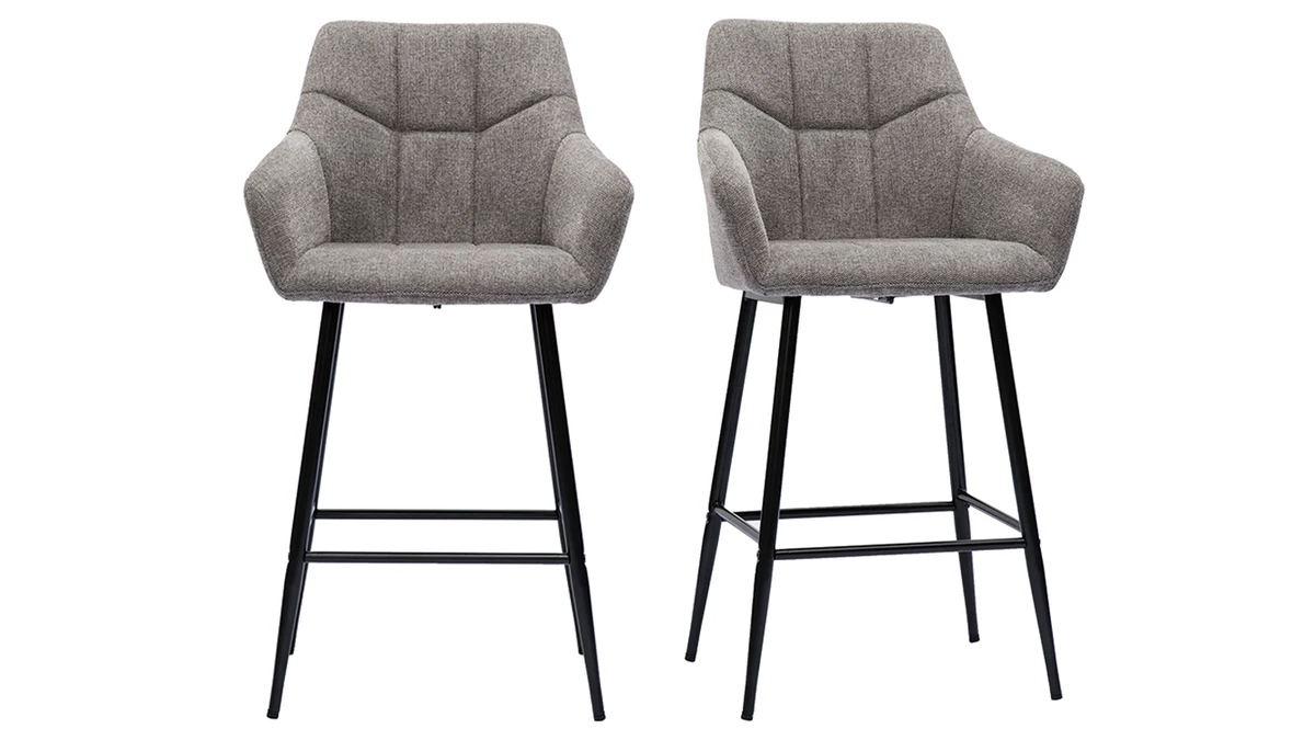 Tabourets De Bar Avec Sièges Matelassés En Tissu Effet Velours Texturé Gris Et Métal Noir H65 Cm (lot De 2) MONTERO 3 Tabourets De Bar Avec Sièges Matelassés En Tissu Effet Velours Texturé Gris Et Métal Noir H65 Cm (lot De 2) MONTERO