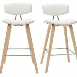 Tabourets De Bar Design Blanc Et Bois Clair H69 Cm (lot De 2) VASCO