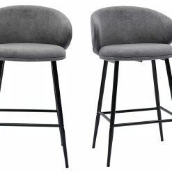 Tabourets De Bar Design En Tissu Effet Velours Gris Et Métal Noir (lot De 2) ROSALIE