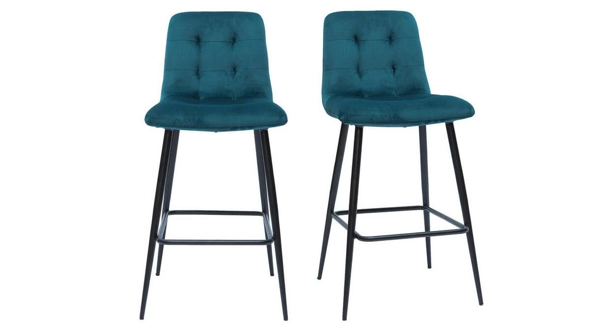 Tabourets De Bar Design En Tissu Velours Gaufré Bleu Pétrole Et Métal H65 Cm (lot De 2) ESCAPE 3 Tabourets De Bar Design En Tissu Velours Gaufré Bleu Pétrole Et Métal H65 Cm (lot De 2) ESCAPE