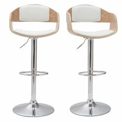 Tabourets De Bar Design Réglables En Polyuréthane Blanc Et Bois Clair (lot De 2) EUSTACHE