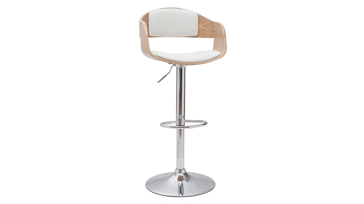 Tabourets De Bar Design Réglables En Polyuréthane Blanc Et Bois Clair (lot De 2) EUSTACHE 5 Tabourets De Bar Design Réglables En Polyuréthane Blanc Et Bois Clair (lot De 2) EUSTACHE – Image 3