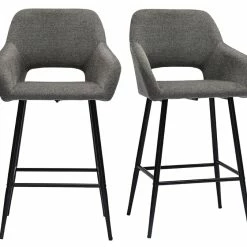 Tabourets De Bar En Tissu Effet Velours Texturé Gris Et Métal H65 Cm (lot De 2) LAURETTE