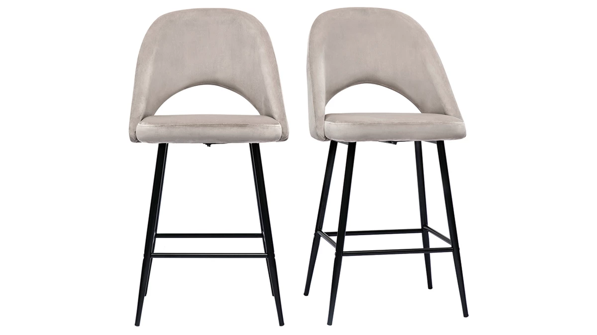 Tabourets De Bar En Velours Taupe Et Métal H65 Cm (lot De 2) COSETTE 3 Tabourets De Bar En Velours Taupe Et Métal H65 Cm (lot De 2) COSETTE