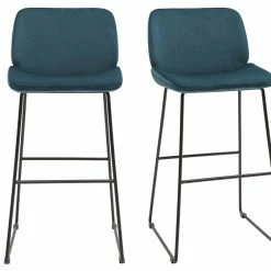 Tabourets De Bar Fixes En Tissu Velours Bleu Canard Pieds Métal Noir H65 (lot De 2) KAOLY