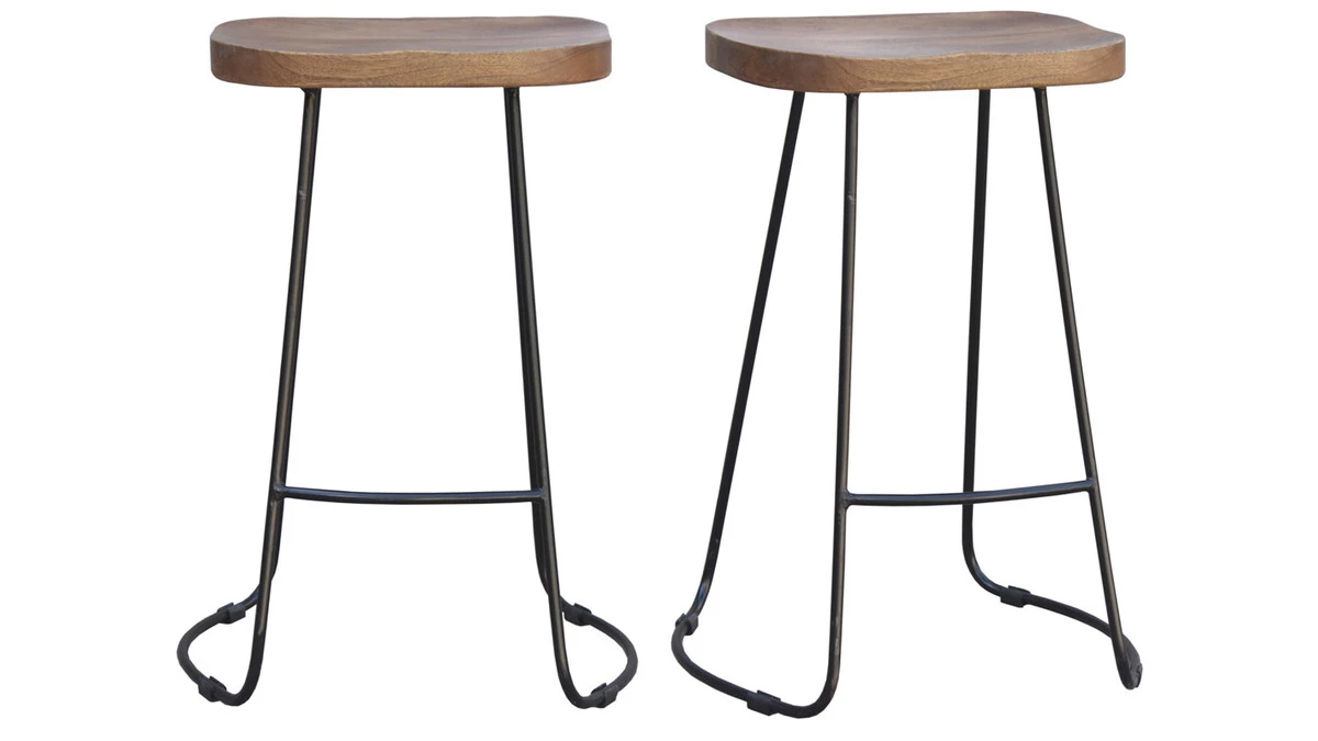 Tabourets De Bar Manguier Massif Et Métal 65 Cm (lot De 2) RUNKO 3 Tabourets De Bar Manguier Massif Et Métal 65 Cm (lot De 2) RUNKO