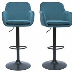 Tabourets De Bar Réglables En Tissu Velours Bleu Pétrole Et Métal Noir (lot De 2) AMIKA